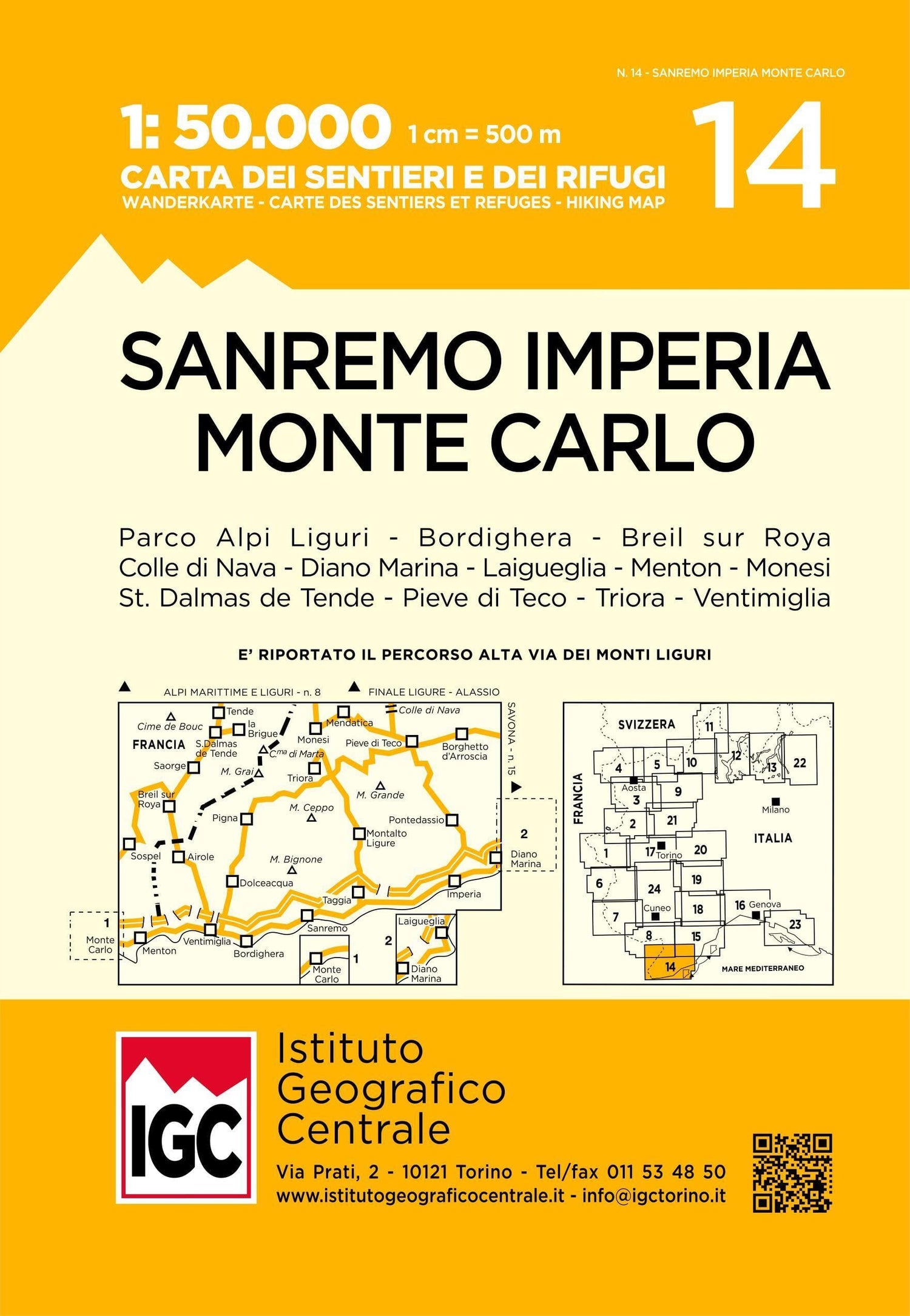 Carte de randonnée n° 14 - Sanremo Imperia Monte Carlo | Istituto Geografico Centrale - 1/50 000 carte de randonnée Istituto Geografico Centrale Default Title