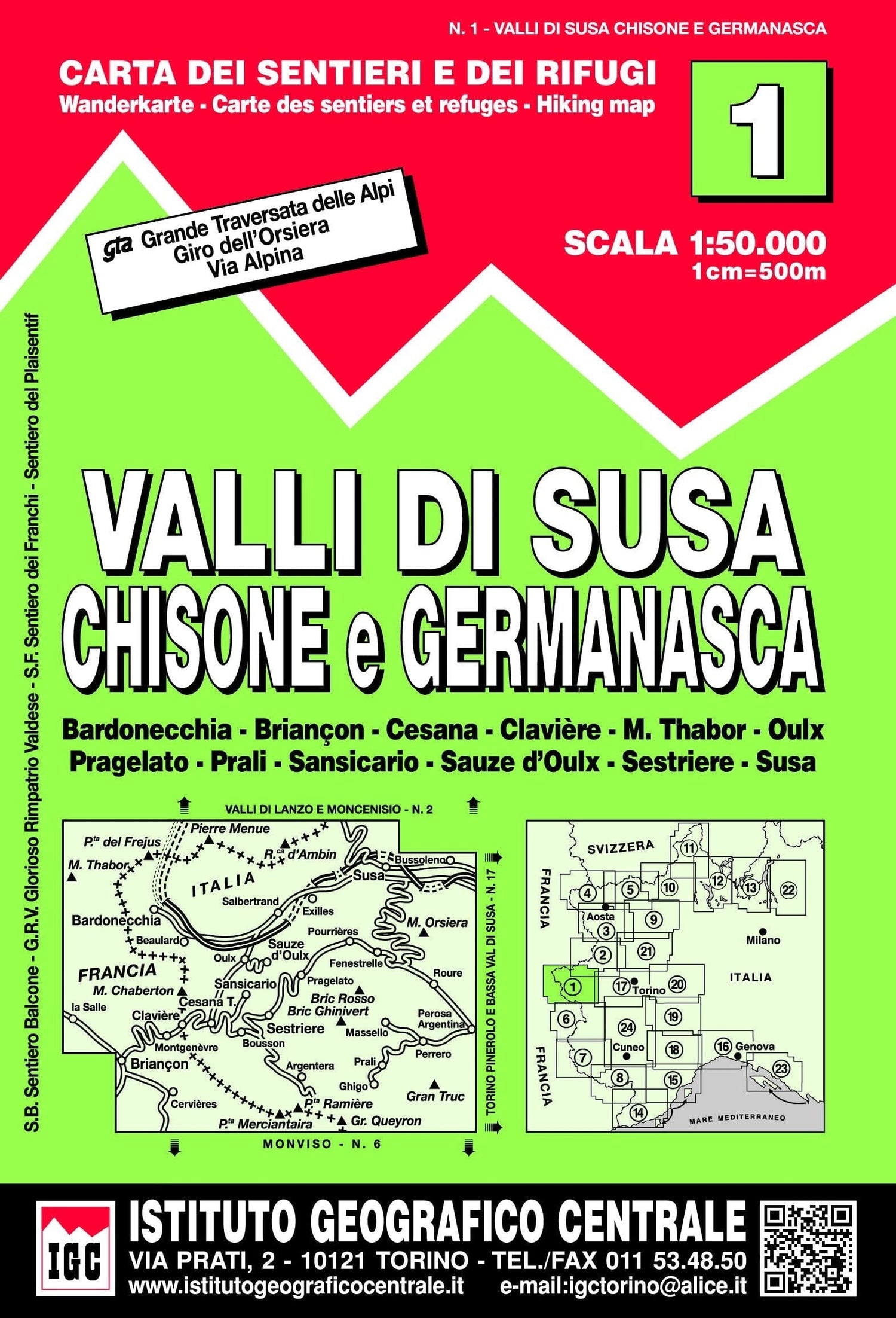 Carte de randonnée n° 1 - Valli Di Susa - Chisone E Germanasca | Istituto Geografico Centrale - 1/50 000 carte de randonnée Istituto Geografico Centrale Default Title