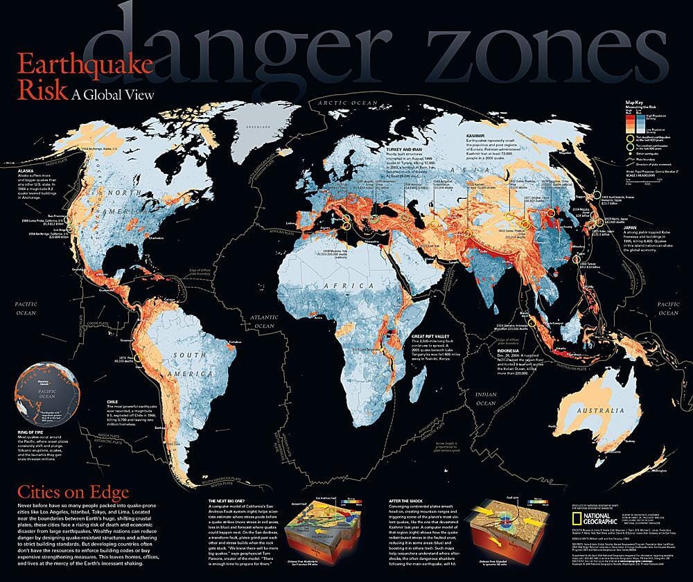 Zones de danger 2006, risque sismique, une vue globale carte murale roulée (en tube) National Geographic Historic POD Default Title